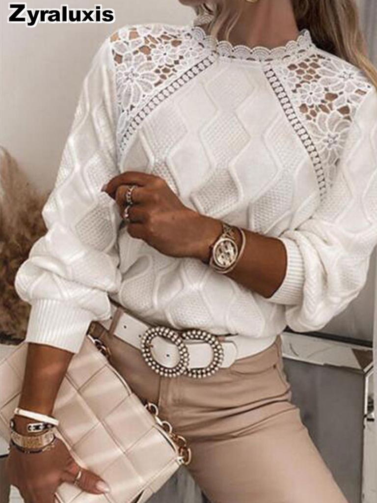 Trendy Fall/Winter Lady Lace Shoulder Sweater Women's Top Elegant Slim Knit Set
