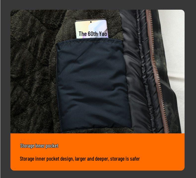 Men's Mid-Length Fleece-Lined Camouflage Overcoat - Windproof, Cold-Resistant, Waterproof, Cotton-Padded for Winter and Labor Protection.