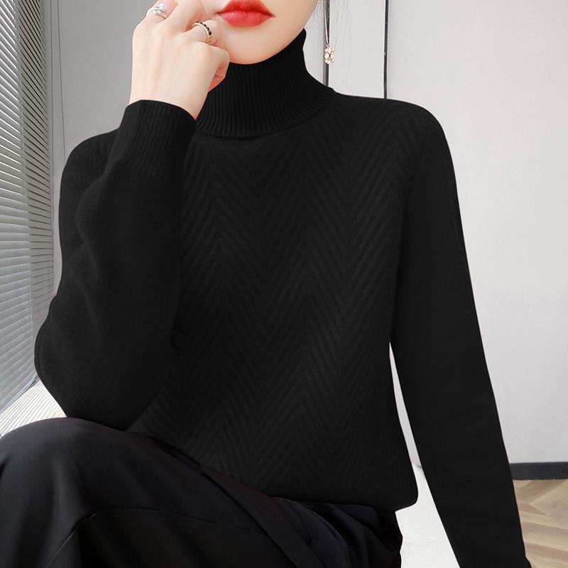 Women's High Collar Solid Color Loose Slimming Knit Pullover – 100% Pure Wool Base Layer Top for Autumn and Winter
