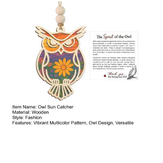 Owl Sun Catcher Natural Timber Hanging Ornament with Spiritual Meaning Card The Owl Wood Craft Wall