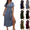 Sexy V Neck Wrap Waist Maxi Dress Women Summer Long Dress A Line Side Slit Solid Color Casual Comfortable Sleeve Fashion