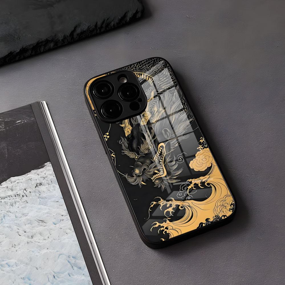 Kunst Drache Handyhülle Für IPhone 17 Air 16 E Pro Max 15 14 13 Mini 12 Pro 11 Max Plus Schwarze Glasabdeckung