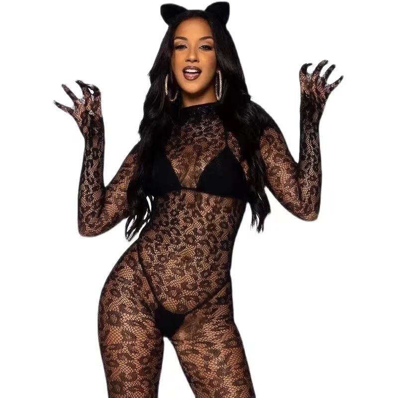 FASHION Sexy Leopard Pattern Mesh Clothing Perspective Sex Lingerie Bodysuit Tight Bodysuit Socks Long Sleeves Non Open Crotch Underwear