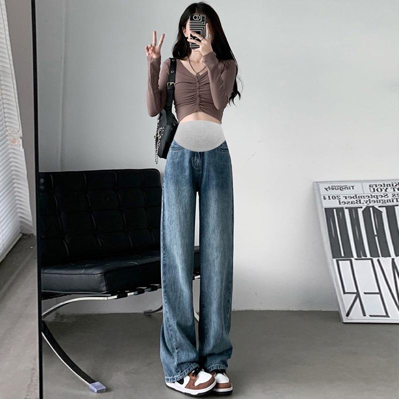 Pregnant Women's Wide-leg Jeans, Loose Autumn Styles, Trendy Mothers, High-waisted Belly Braces, Thin and Drape Floor Straight-leg Pants