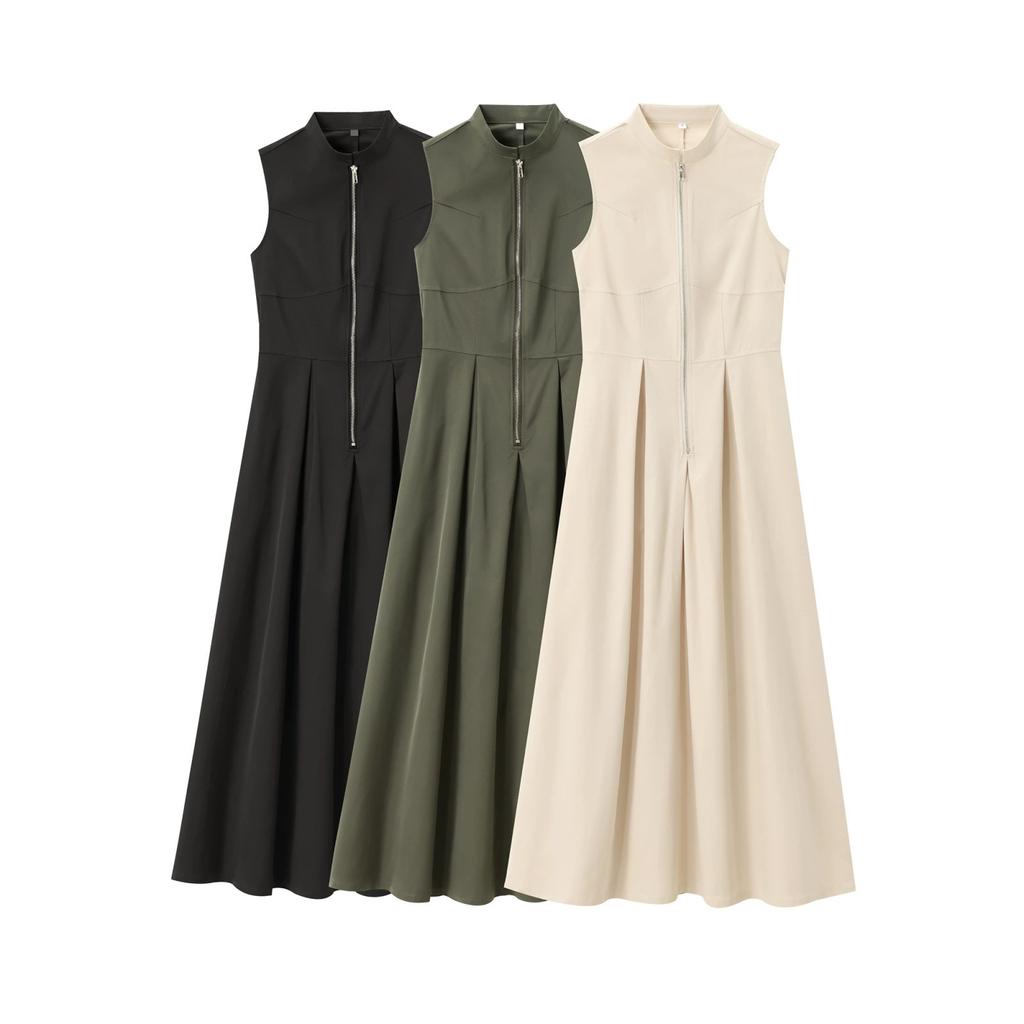 Spring Women's European and American Style French Design Round Neck Sleeveless Waist Cinched Commuting Temperament Midi Dress