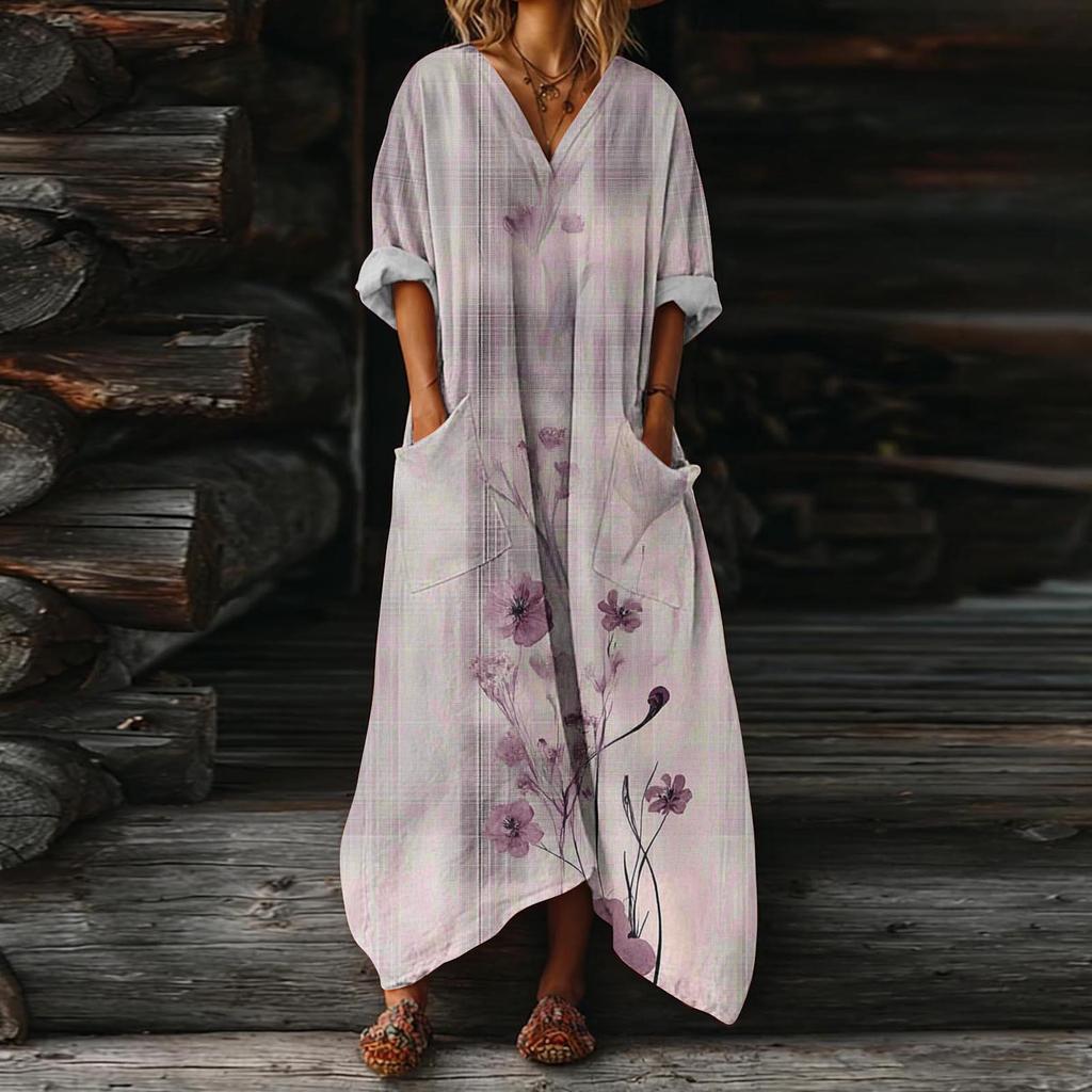 Luźna Sukienka Kaftan z Dekoltem V i Kwiatowym Wzorem z Kieszeniami Długi Rękaw Codzienna Sukienka Maxi dla Kobiet Wygodny Design