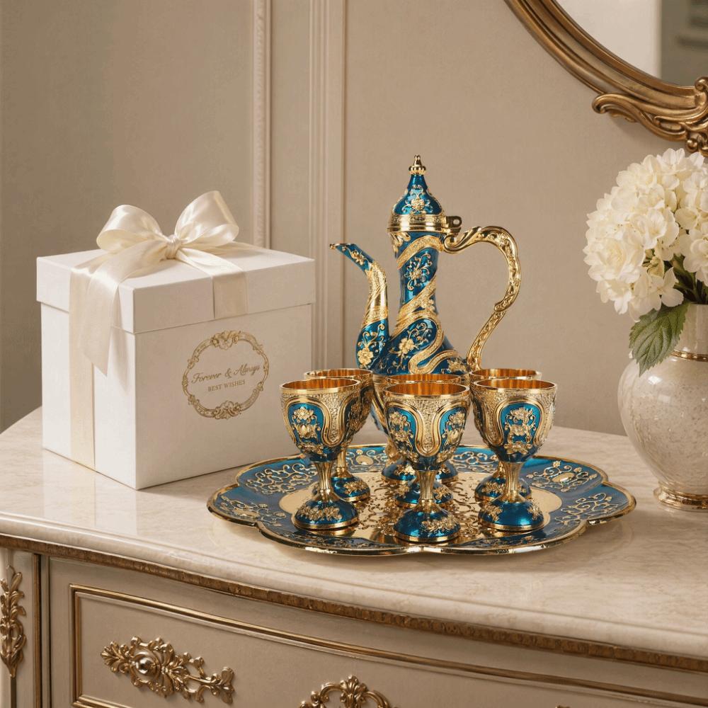 8pcs Gold Blue Vintage Tea Set Zinc Alloy Coffee Pot Cup Set Tea Pot Cup Set  For Home Decor
