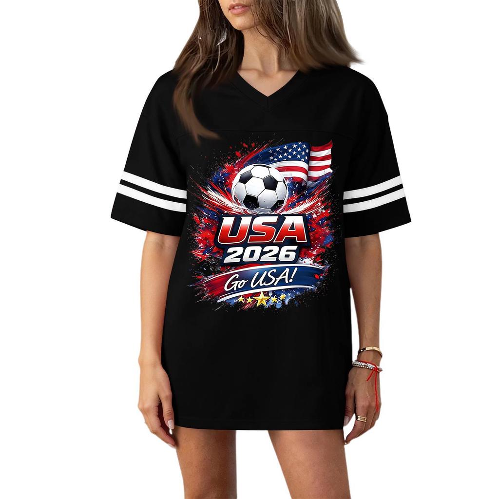 Women's Casual V Neck T Shirt Short Sleeve Sports Tee with Soccer Print USA 2026 Graphic Design Lightweight Comfortable Fit