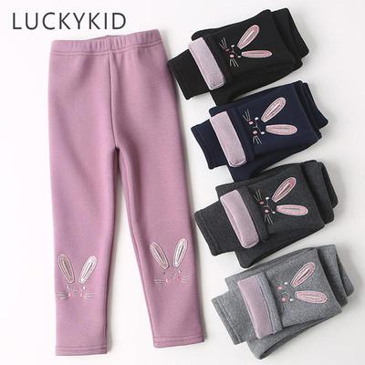Girls Pants Autumn And Winter Cartoon Kitten Embroidery Trousers Padded Leggings Pure Cotton With Fleece Warm Elastic Waist