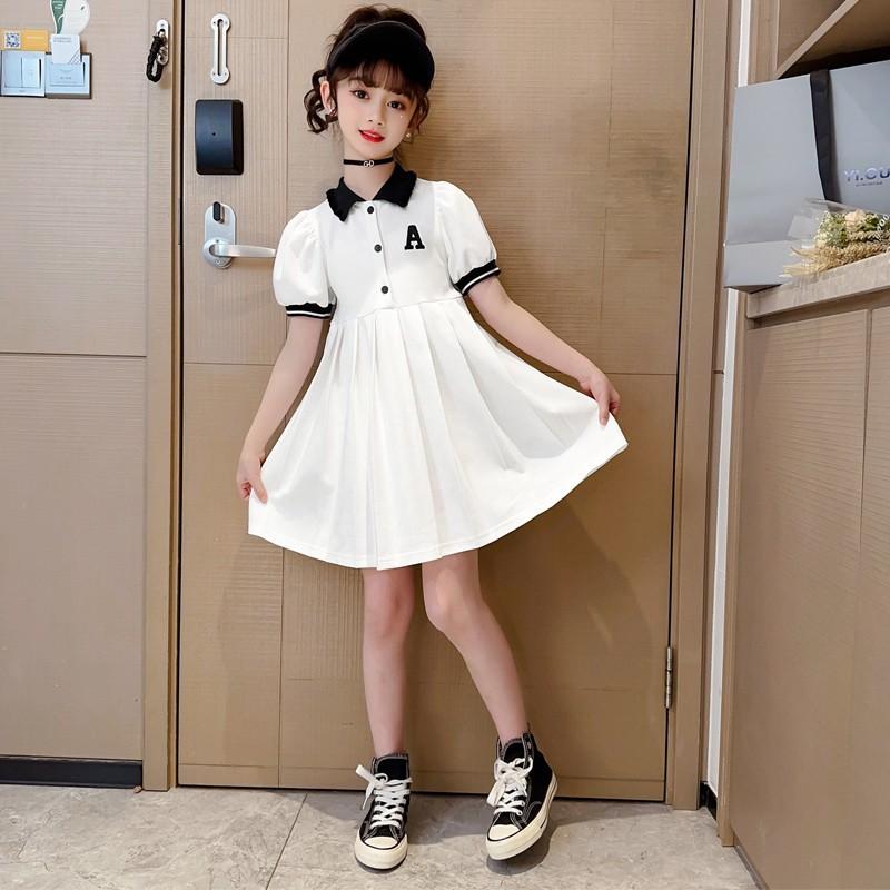 Girls Summer Polo Collar Short Sleeve Dress Preppy Pleated Skirt School Uniform For Big Kids