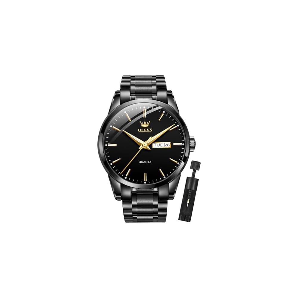 OLEVS Men s Gold Analog Quartz Business Dress Watch Day-Date Stainless Steel Classic Luxury Waterproof Casual Black Men s Watch