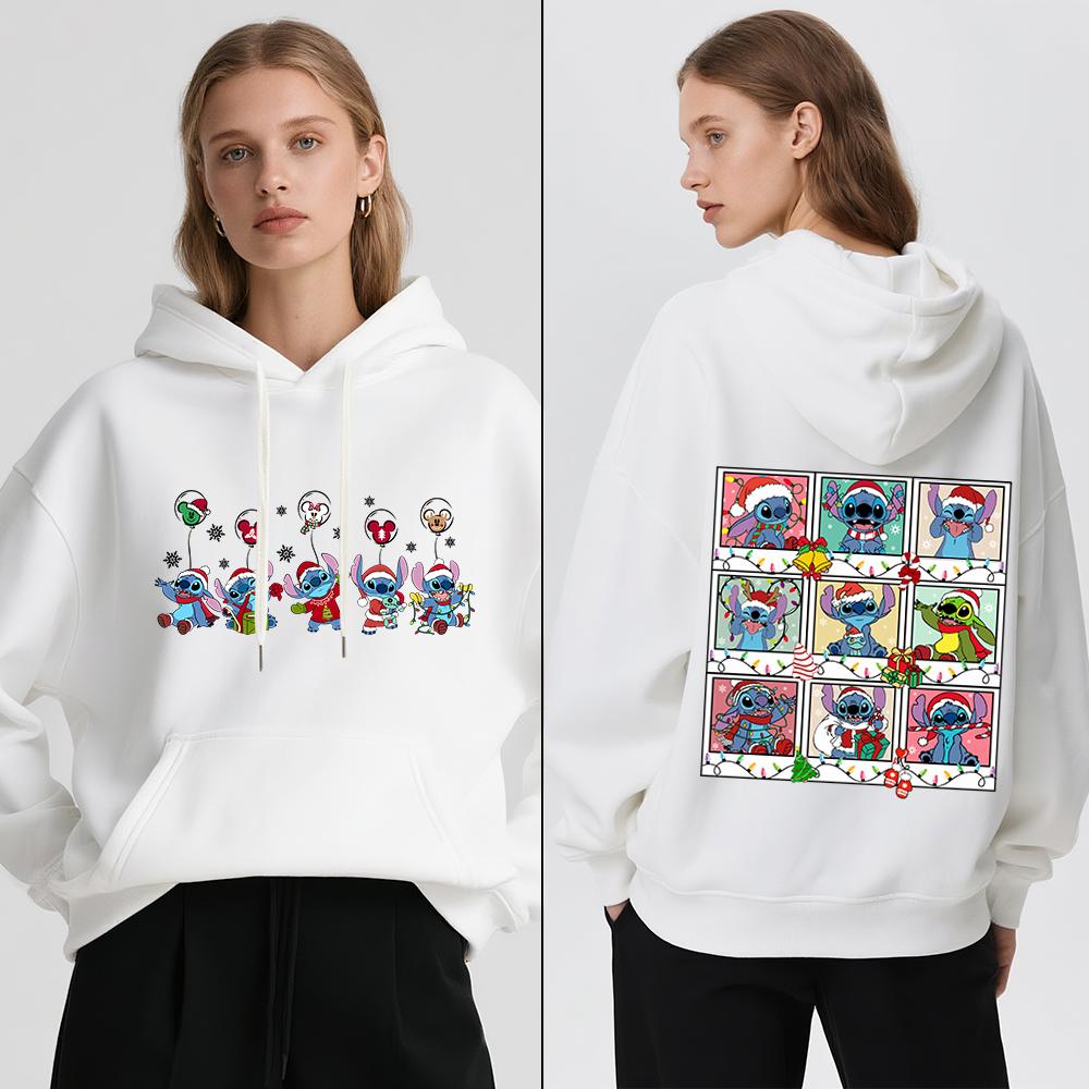 Disney Stitch Christmas Print Women Fleece Hoodie Winter Warm Pullover Casual Holiday Travel Party Outfit Soft Cozy Sweatshirt