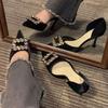 Black Small High Heels Female Cat Heel Not Tired Feet Pointed 2025 New French Rhinestone Square Buckle Hollow Shallow Mouth Spring and Summer