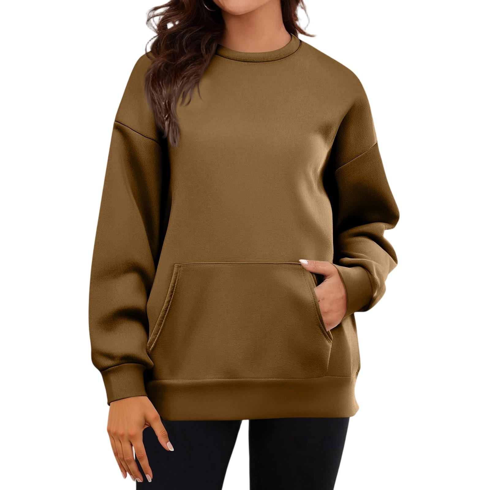 

Women s Casual Fashion Long Sleeve Solid Color Round Neck Sweatshirt Top With Pockets L коричневый