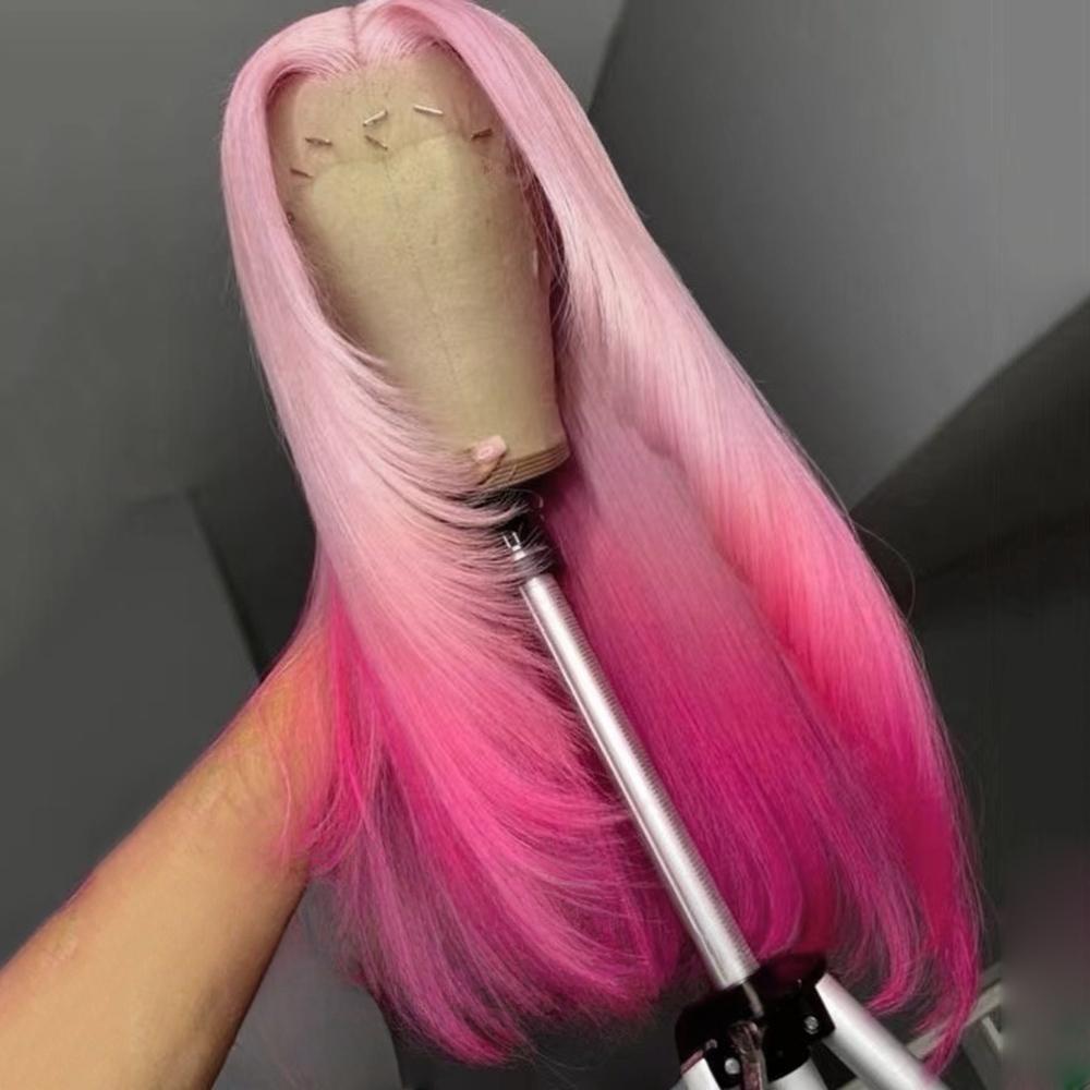 

13x4 Ombre Pink Wig Layered Cut Silky Straight Synthetic Lace Front Wig for Women Heat Resistant Synthetic Hair Daily Use (as the picture,18inches&Lace Front)