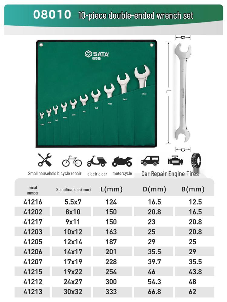 SATA Double-Headed Open-End Spanner Set: 8/10/12/14/17/19/22mm Fixed Forked Wrench