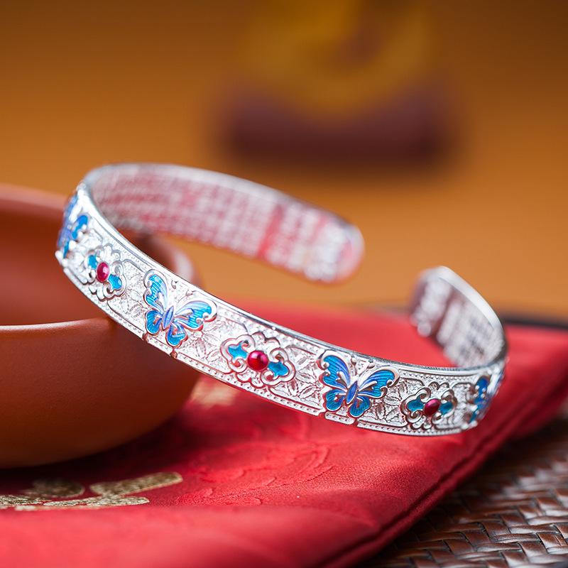 Zongyin Women s Enamel Blue Butterfly Heart Sutra Sterling Silver Bracelet - New Chinese Style Trend