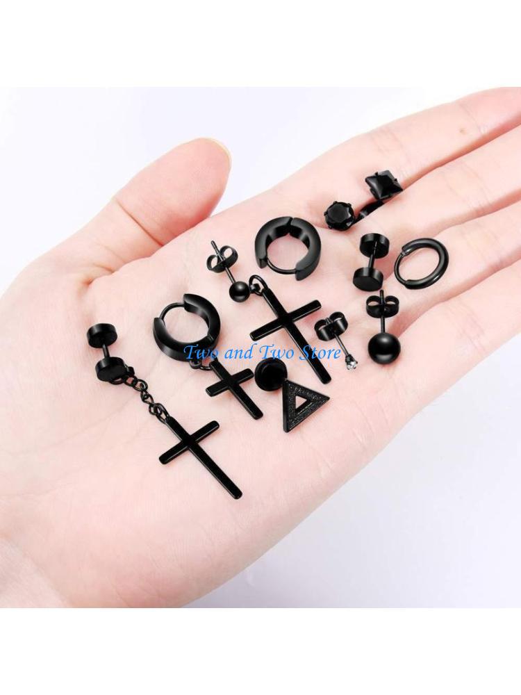 HX6F Stainless Steel Earrings Earrings Set 15 Pairs European and American Hip-hop Jewelry Barbell Zircon Ear Buckle Ear Clip CN