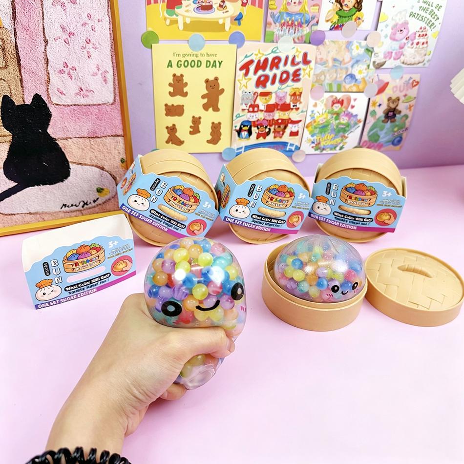 Soft Tpr Squishy Dumpling Toy With Steamer Rainbow Bead Glitter Squeeze Toy Stress Relief Fidget Toy Cute Kawaii Creative Toys