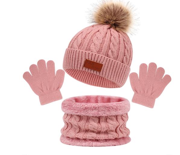 3 Stück Baby Mütze Schal Winter Gestrickt Polyester Beanie Kleinkind Mütze Kinder Junge Mädchen Säugling Flacher Rand Bommel Mützen Set Warm