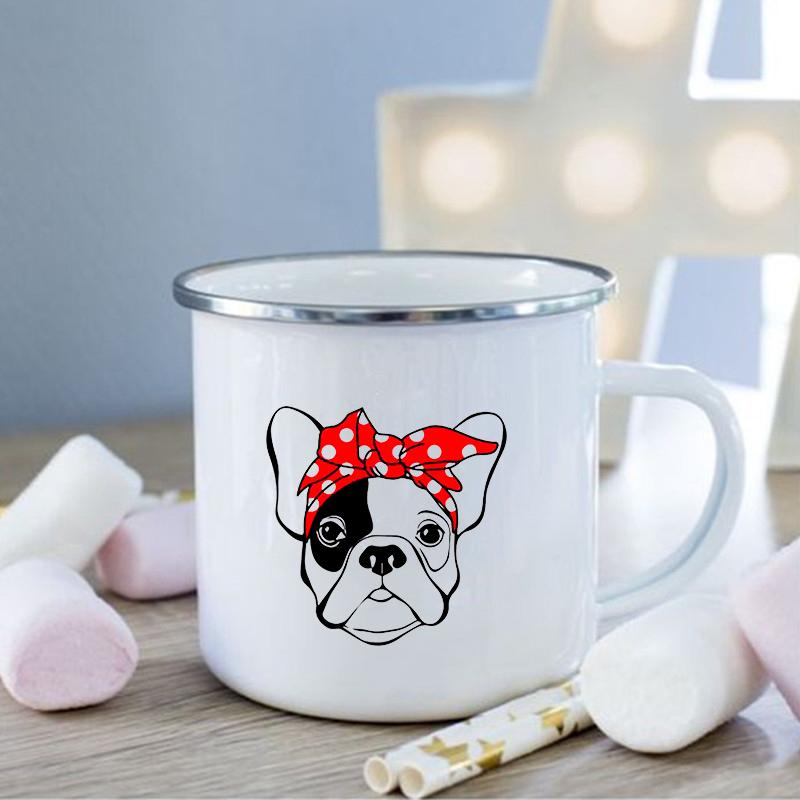 French Bulldog Print Enamel Mug Creative Coffee Cups Drinks Dessert Breakfast Milk Cup Vintage Mugs Handle Drinkware Best Gifts