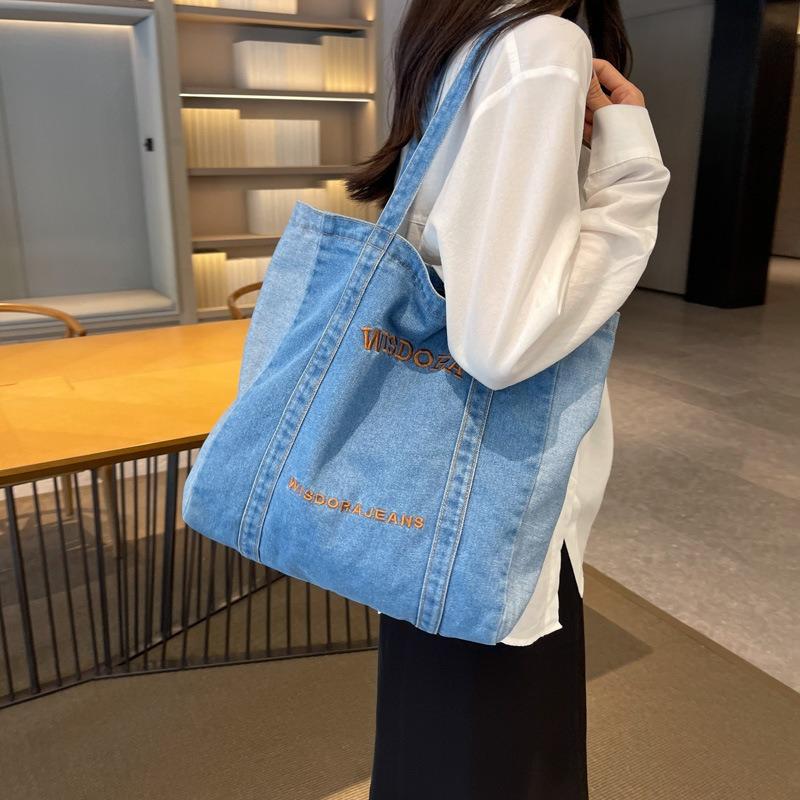 New Casual Denim Bag Women Large Capacity Shoulder Bag Letter Embroidery Denim Tote Bag
