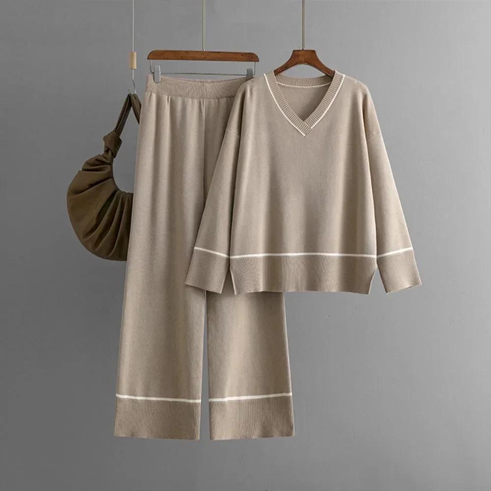 Circyy Knitted Sweater Women Pants Sets Patchwork Pullovers Wide Leg Trousers Autumn Winter New Two Piece Sets Womens Outifits