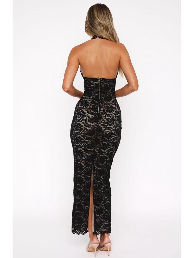 Sexy Black Lace Halter Neck Dress: Slim-Fit, Waist-Cinching, Backless, Long Style