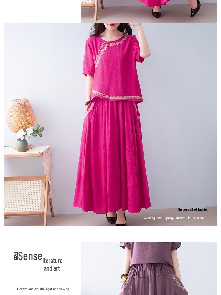 Fashionable Ethnic Midi Skirt Two-Piece Set for Women (2025 Summer)