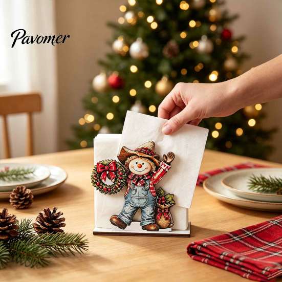 Decorative Winter Kitchen Accessories Snowman Napkin Holder for Dining Table, Wood Vertical Farmhouse Style Dispenser, Christmas Tissue Storage