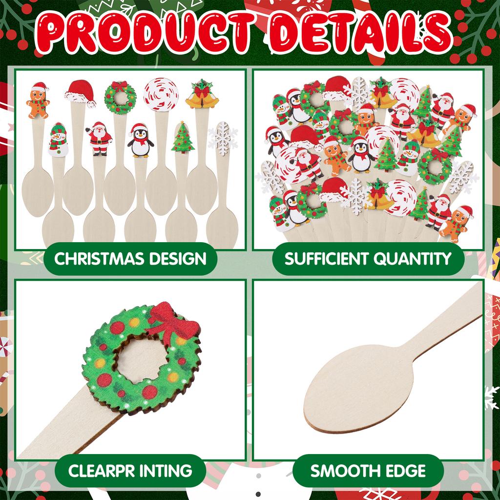 50 Pcs Christmas Wooden Spoons Set Hot Cocoa Stirring Spoons Snowflake Gingerbread Man Snowman Candy Cane Spoon For Winter Tasti