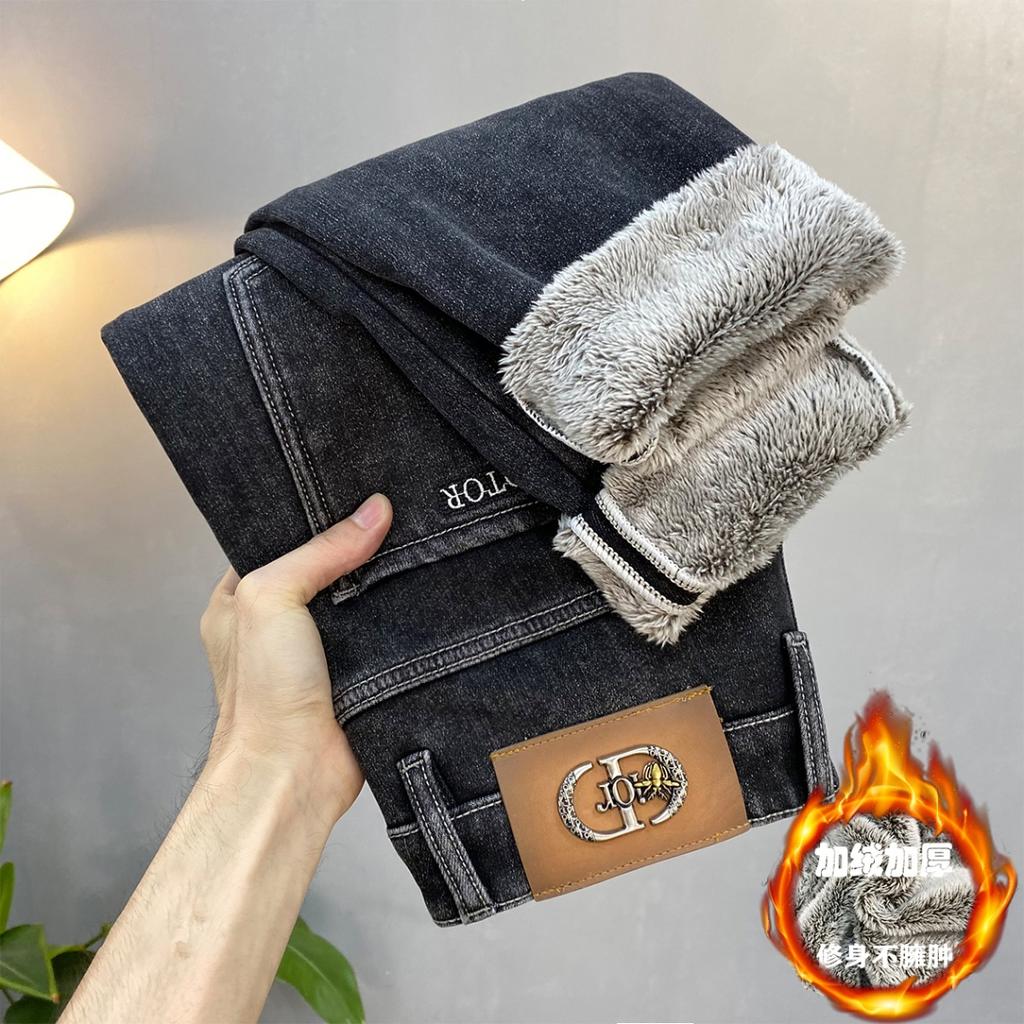 Fleecegefütterte Dicke Jeans Herren2024Winter Neue Modemarke Slim Stretch Skinny und All-Matching Warme Hosen