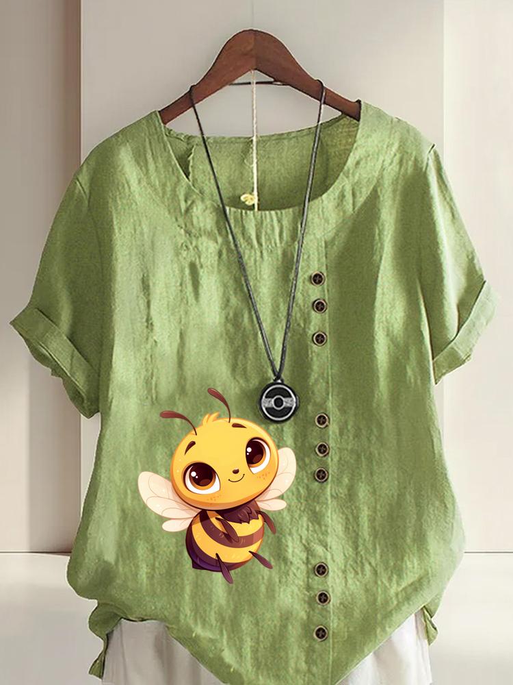 

Women s Fashion Bee Print Round Neck Short Sleeve T-shirt Casual Cotton Linen Graphic Shirt Leisure Loose Summer Blouse Tops 5XL зелений