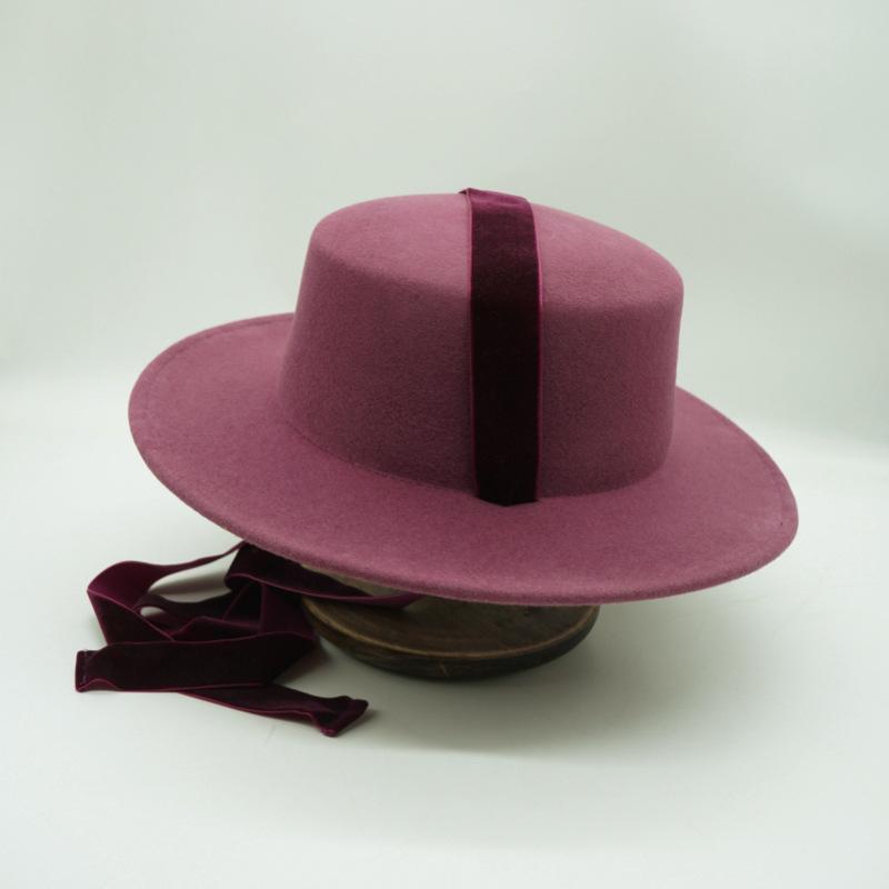 Japanese Korean Version Retro Raspberry Purple Lace-Up Removable Wool Nylon Felt Flat Top Top Hat Women'S Autumn And Winter Wide Brim British