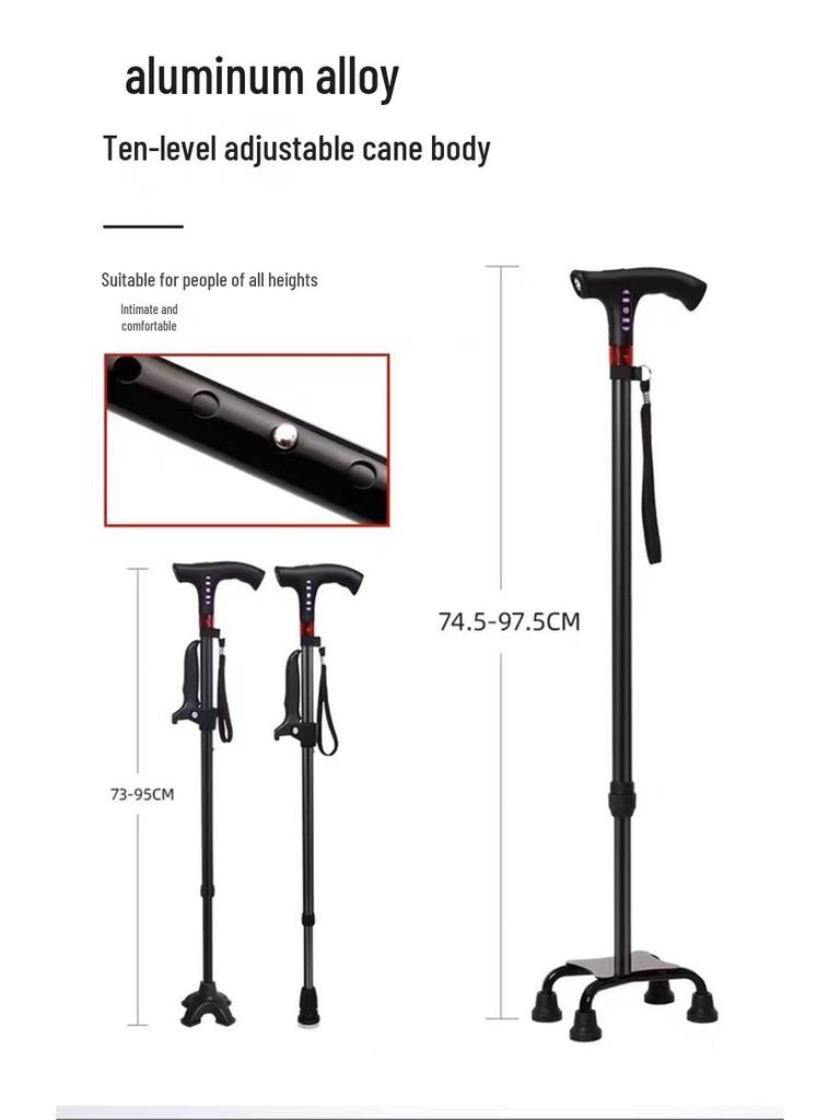 Smart Multi-Functional Telescopic Cane with Radio, Non-Slip Grip, LED Light, and Four-Legged Aluminum Alloy Base for Seniors.