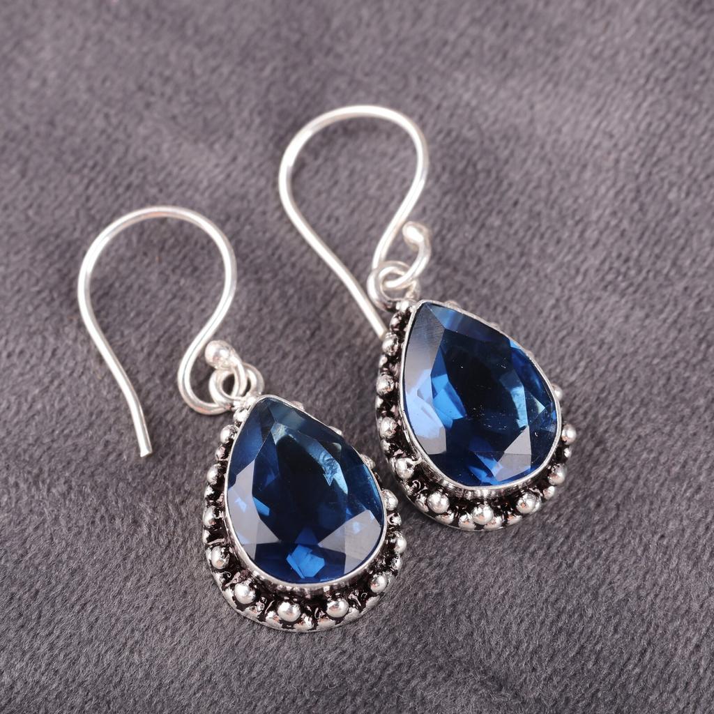 London Blue Topaz Gemstone 925 Sterling Silver Handmade Drop/Dangle Earrings EE-97-10