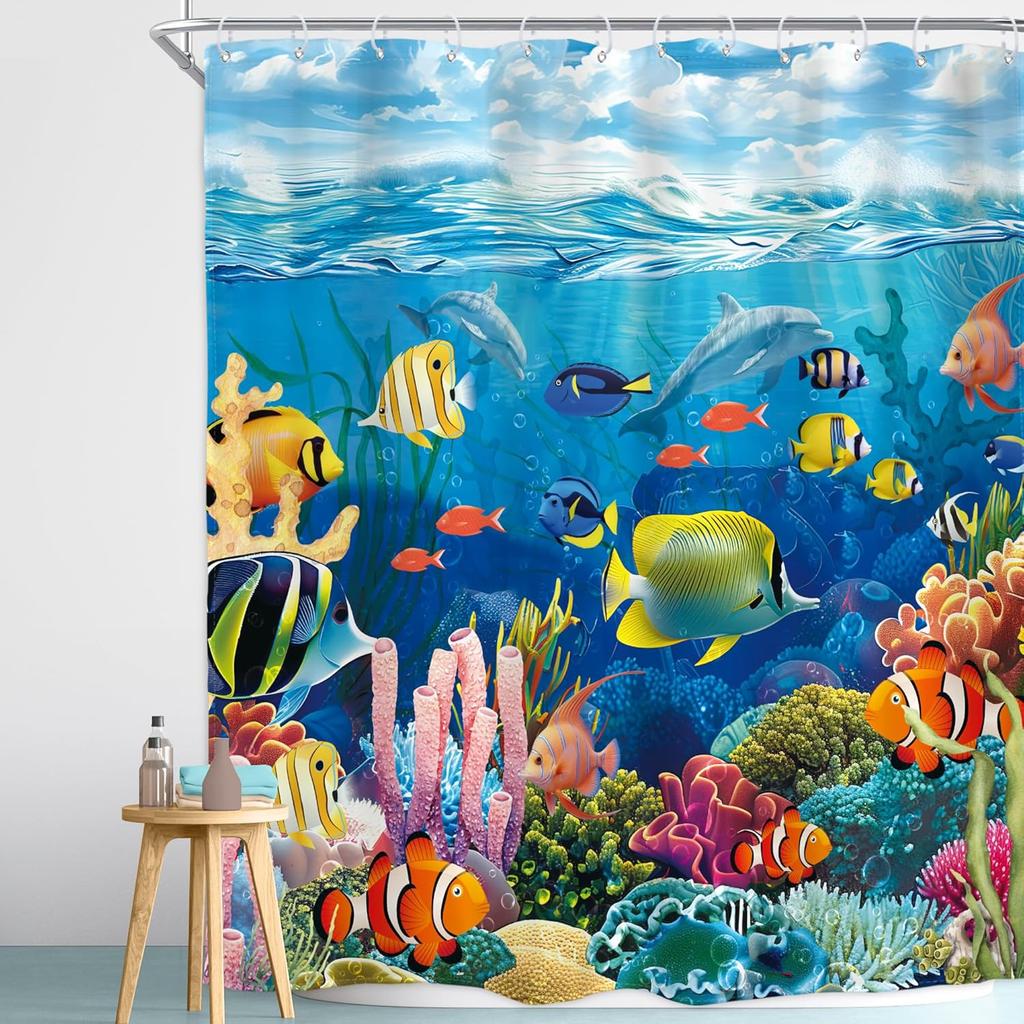 Colorful Underwater Ocean Fish Coral Reef Shower Curtain Machine Washable All Season Waterproof Privacy Protection Easy To Clean