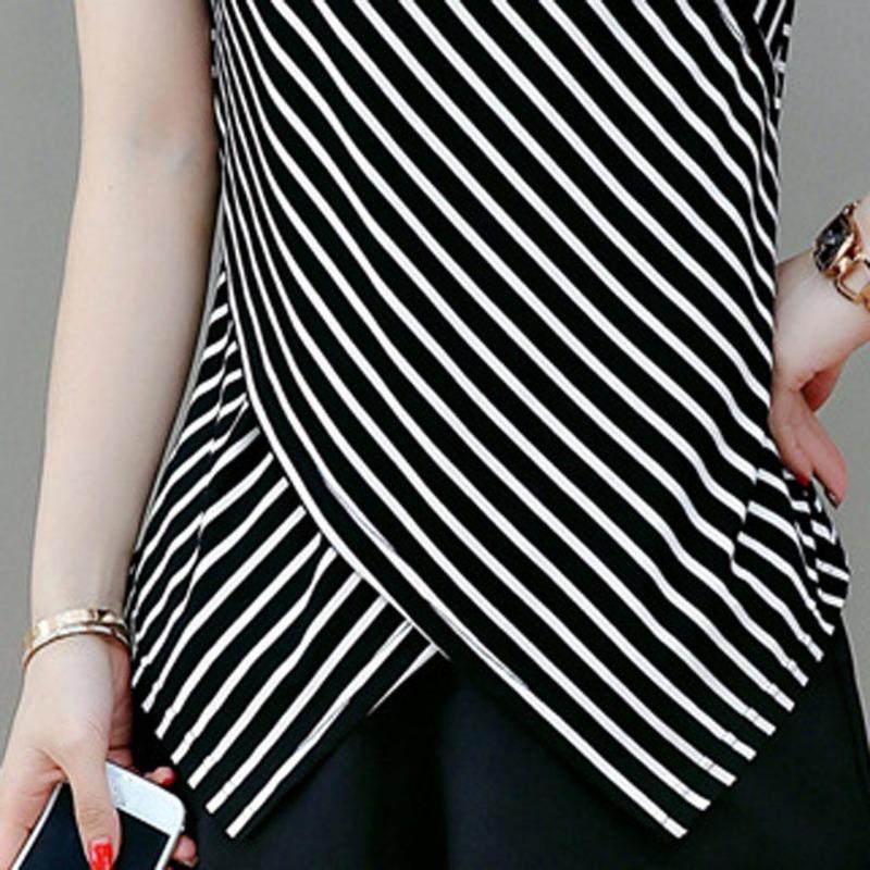Fashion Casual Women Short Sleeve Irregular Shirt V Neck Stripe Tops Blouse