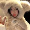 Bear plush hat women's winter scarf integrated warm thickened scarf cute cold winter ear protection two-piece set