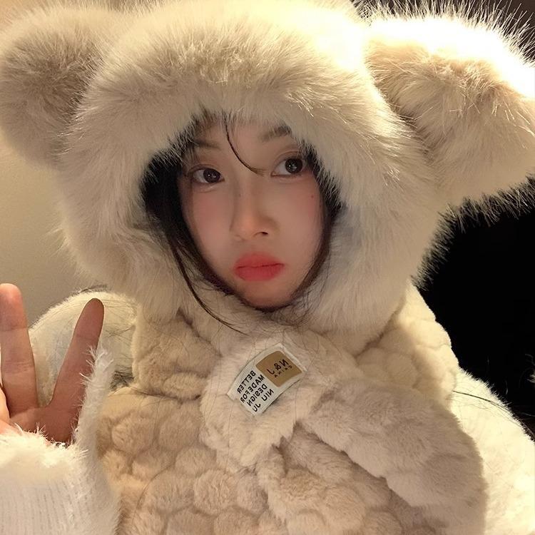 Bear plush hat women's winter scarf integrated warm thickened scarf cute cold winter ear protection two-piece set