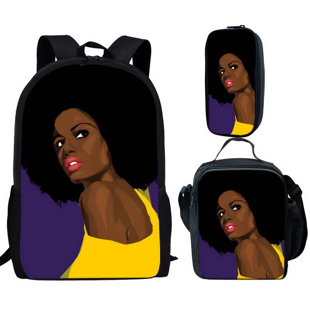 Classic Popular Novelty African Girl 3D Printed 3pcs/Set Pupil School Bags Laptop Daypack Backpack Lunch Bag Pencil Case