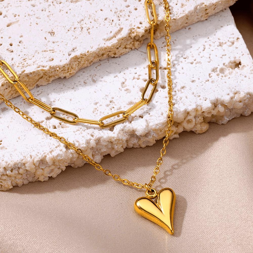 Heart-shaped Double-layer Chain Design, Stackable and Elegant Pendant Necklace 60CM