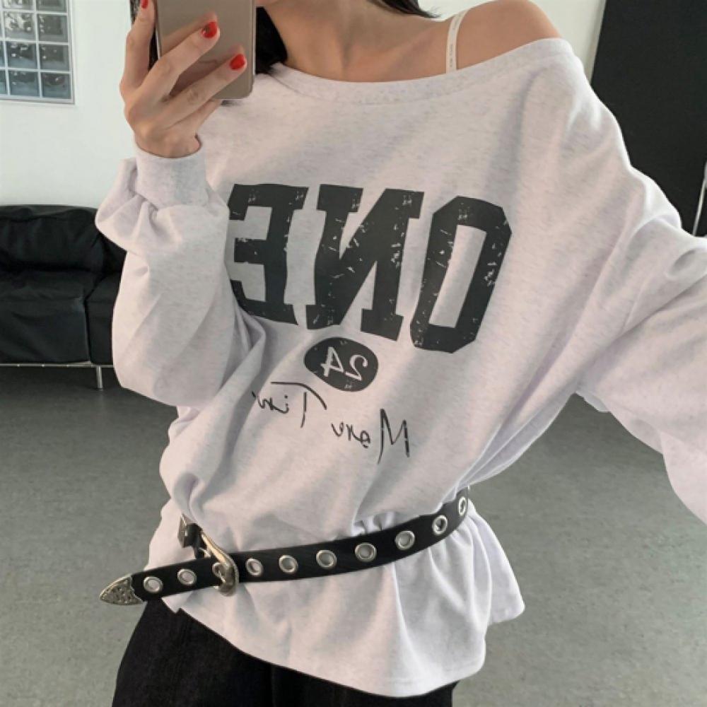 New Arrivals Open Run Women Off Shoulder Lettering Loose Fit Big Size Fall Sweat