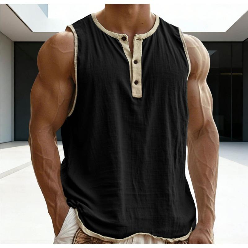 Heren Mouwloos Henley Vest met Contrasterende Rand Katoen Linnen Los Casual Tanktop