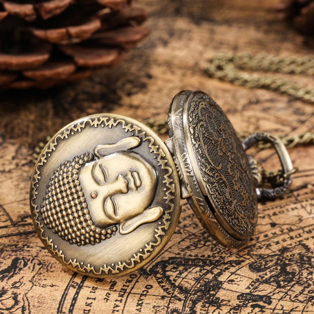 Vintage Bronze Men Women Quartz Pocket Watch Pendant Arabic Numerals Pocket Watch with Chain Creative Buddha Head Old Fashioned Pocket Watch for Dad