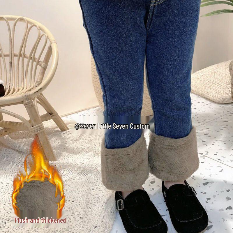 

2025 New Fleece-Lined Girls Slim-Fit Jeans for Infants & Toddlers - Fashionable & Thick for Autumn/Winter Size 90