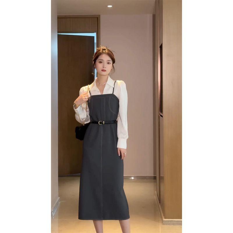 

Осень/Зима XL Женские Костюмы Костюм Юбка Большой Размер Дамский Молодежный Костюм Приталенный Разрезное Платье на Бретелях Комплект из Двух Предметов Grey (one-piece skirt with suspenders) Plus size L