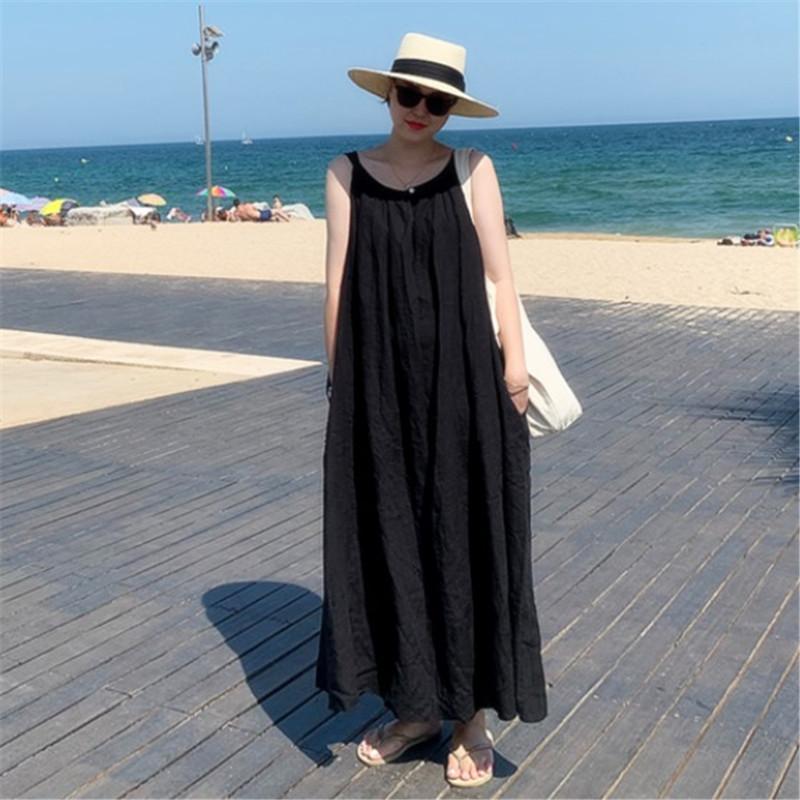 Loose Casual Black Sleeveless Large Size Dress Korean Version Over Knee Long Dress Zixia Holiday Cotton and Linen Suspender