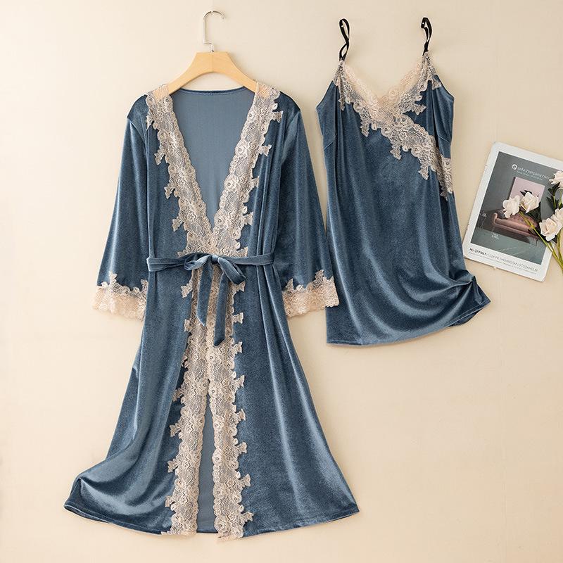 New Autumn Velvet Pajamas Two-piece Robe Set Feminine Lace See-through Robe Bathrobe Casual Velvet Home Clothes