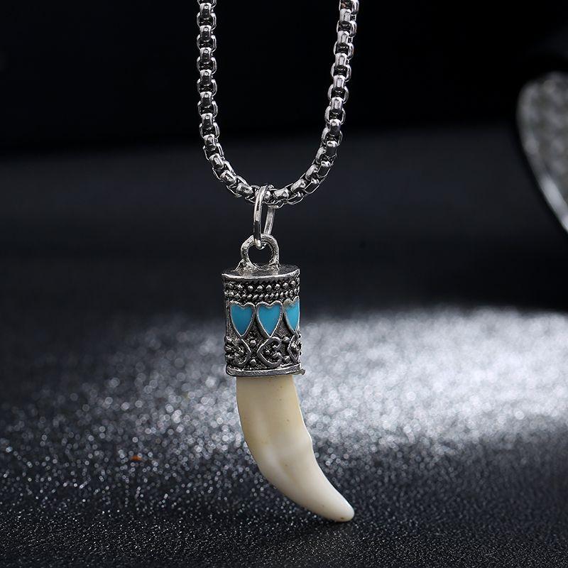 

Titanium Steel Tibetan Silver Inlaid Tide Cool Air Wolf Tooth Pendant 5-Nepalese Spike (Real Teeth)
